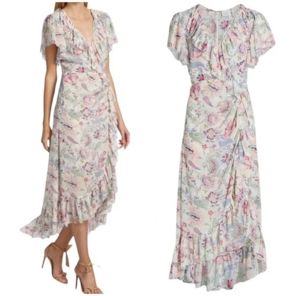 CINQ À SEPT Sheilla Floral Ruffle Midi Dress Size 6 Plunging V-Neck Flounce - Picture 3 of 9